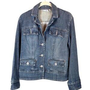 Chicos Platinum Denim Trucker Jean Jacket Size 8/10 Blue Button Front
